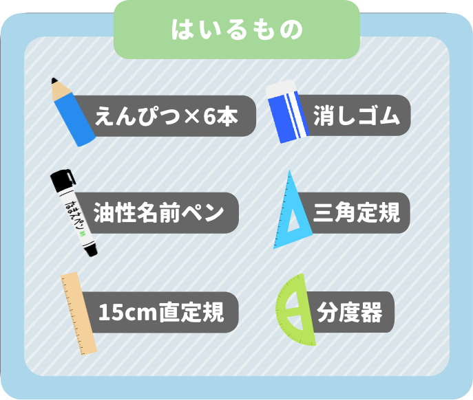 ヨコピタに入るもの。鉛筆6本、消しゴム、油性名前ペン、三角定規、15cm直定規、分度器